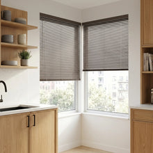 Load image into Gallery viewer, Styling a cozy kitchen with Brown (Char) Classic Cordless 6g Aluminum Mini Blinds, providing precise light control with adjustable aluminum slats.
