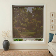 Load image into Gallery viewer, Premier 14% Solar Screen Roller Shade in warm brown tones adds cozy ambiance to this inviting living room space, offering subtle UV protection with a hint of transparency.

