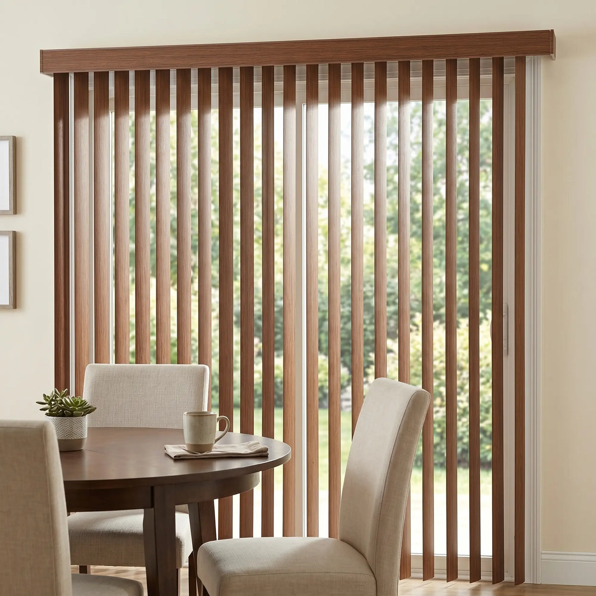 Wood Grain Faux Wood PVC Vertical Blinds perfectly complement the beige furniture and white tablecloth in this elegant room, inviting natural light and sophistication.