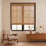 Copper Natural Bamboo Shade in warm brown on a reading nook window