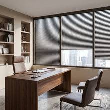 Load image into Gallery viewer, A look at Brown Classic Cordless 8g Aluminum Mini Blinds inside a cozy study, providing precise light control with adjustable aluminum slats.
