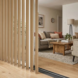 Styling a modern living room with Brown 3 1/2 Inch Classic Curved Pvc Smooth Vertical Blinds, allowing adjustable natural light through durable PVC vanes.