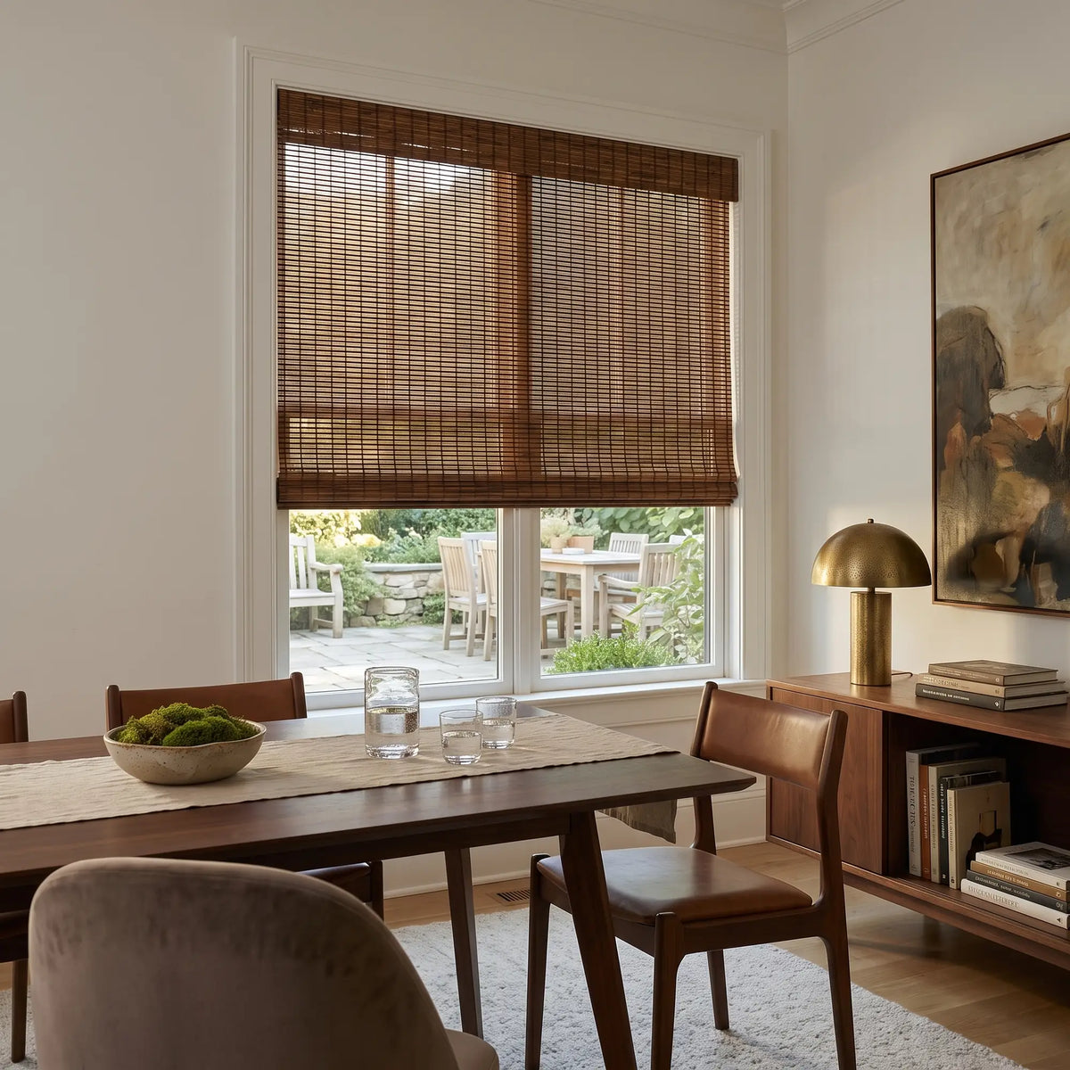 Nutmeg Natural Bamboo Shade in rich brown on a dining room window overlooking the patio