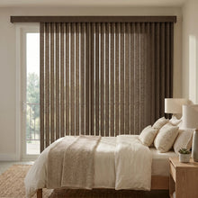 Load image into Gallery viewer, Signature Collection Fabric Vertical Blinds in rich Brown hues create a serene ambiance, perfectly complementing the white walls and wooden bed frame in this inviting bedroom sanctuary.
