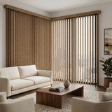 A look at Brown Signature Pvc Vertical Blinds inside a serene living space, offering excellent light control and privacy for large spaces.