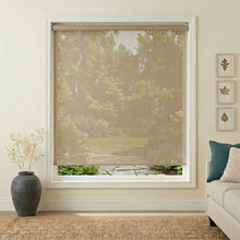 Load image into Gallery viewer, Premier 14% Solar Screen Roller Shade in warm brown tones adds a touch of sophistication to this inviting living room, where soft afternoon light filters through its elegant transparency.

