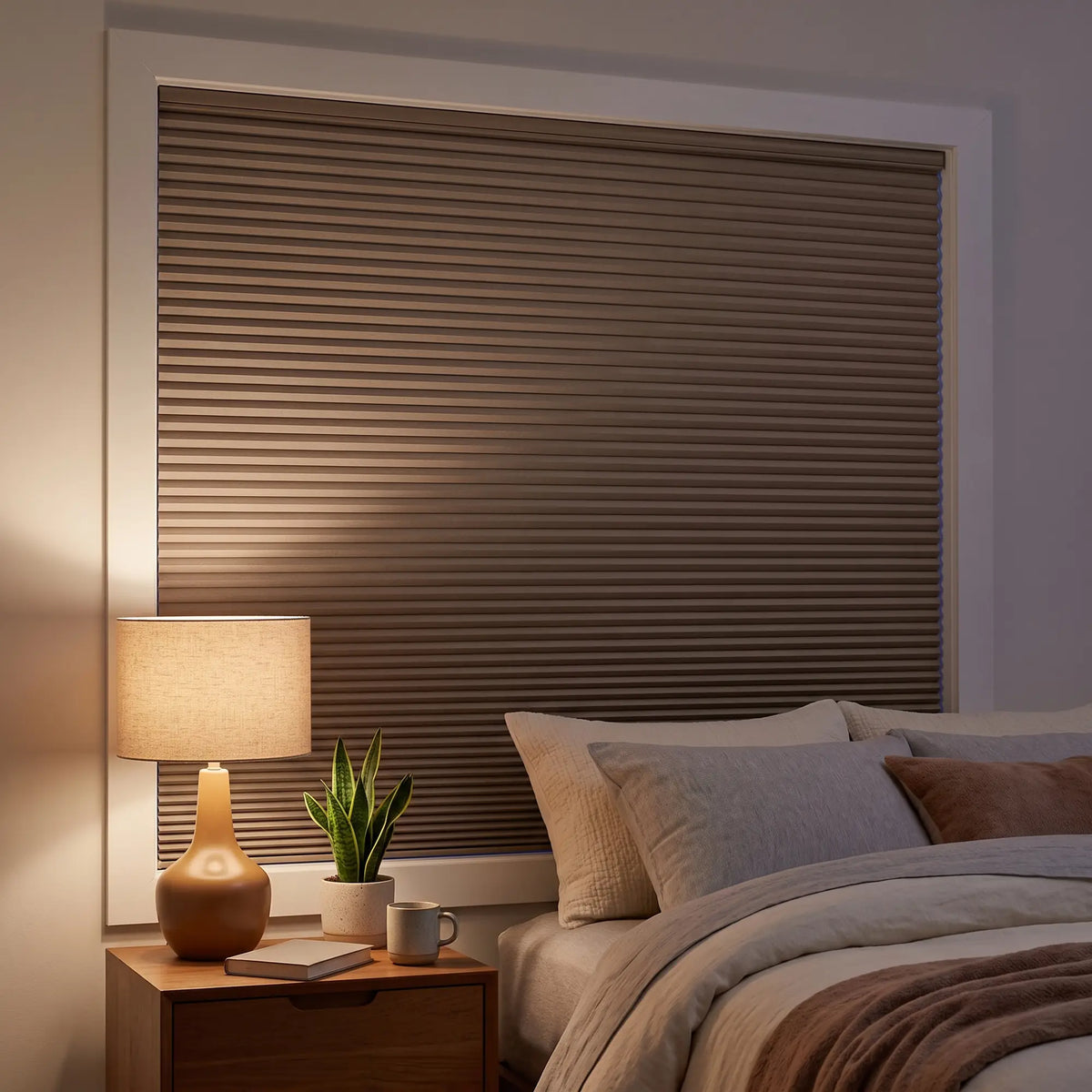 Brown Taupe-Notch Signature Blackout Single Cellular Shade on a bedroom window beside a mid-century nightstand