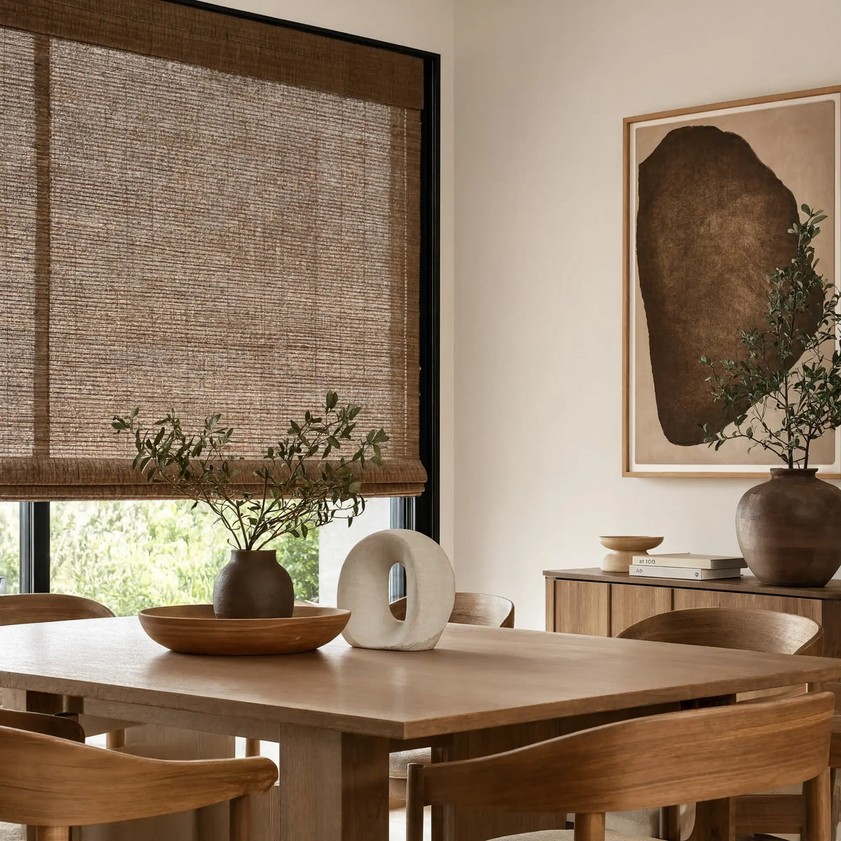 Warm up your modern dining space with Wicker Look Woven Cordless Shades, effortlessly filtering natural light into a stylish room.