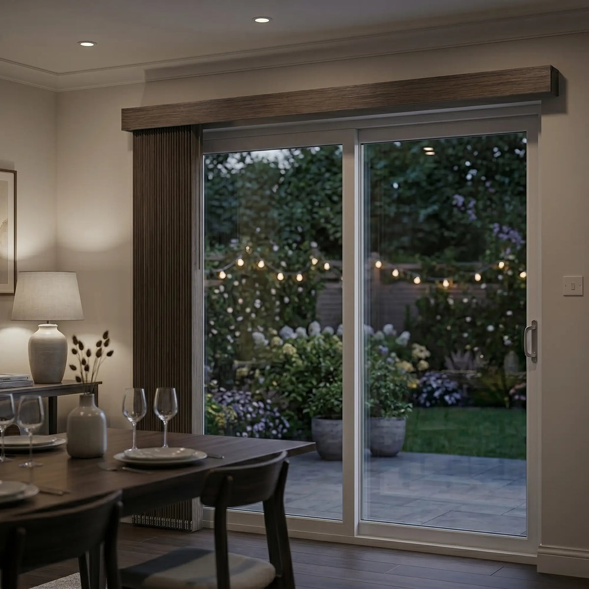 Wood Grain Faux Wood PVC Vertical Blinds effortlessly blend with the warm tones of this elegant dining space, where a brown window shade harmonizes above a table and chairs.