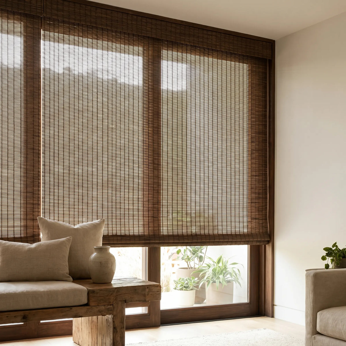 Warm up your space with Woven Wood Cordless Top Down Bottom Up Shades, adding a touch of rustic charm with adjustable privacy and versatile lighting solutions.