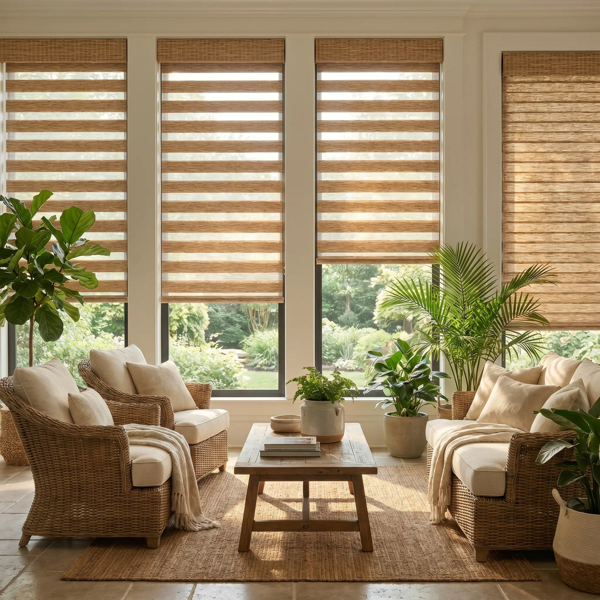 Zebra Light Filtering Roller Shades add warmth and style to this inviting beige and white living space with natural light and comfortable decor.