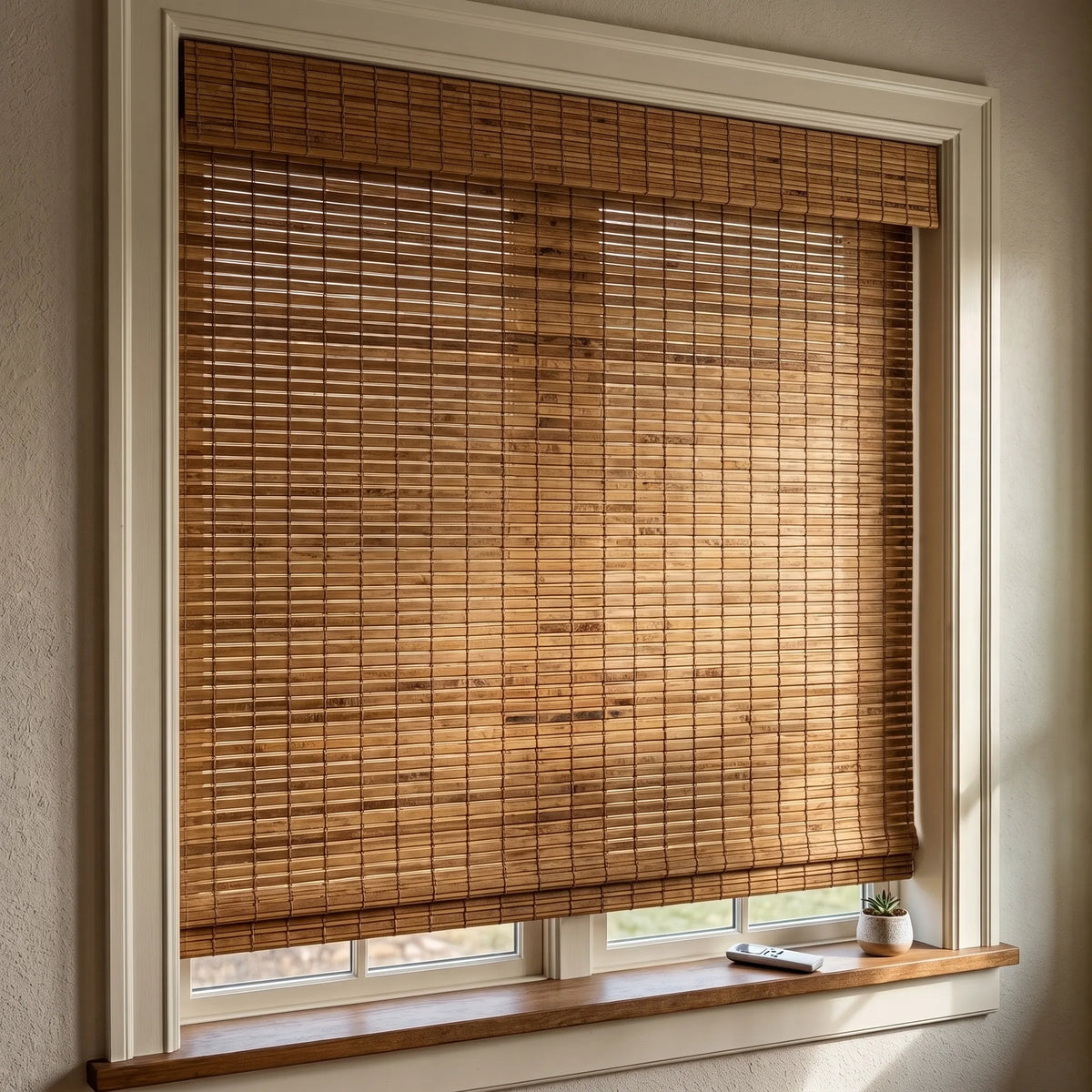 Motorized Woven Wood Shades in warm camel bamboo with a matching valance, the remote control resting on the window sill.