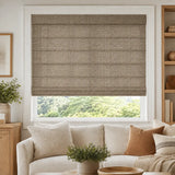 Transform your space with Wicker Look Woven Cordless Shades, featuring a warm caramel hue that perfectly complements natural materials and brings effortless elegance to any room.