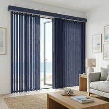 Load image into Gallery viewer, Signature Collection Fabric Vertical Blinds in Cerulean harmonize with ocean views, creating a serene retreat where white walls and brown accents meet
