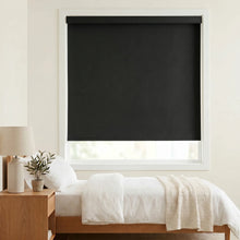 Load image into Gallery viewer, Classic Fabric Blackout Roller Shades in charcoal bring elegant simplicity to this modern bedroom's decor, blocking out light for a peaceful retreat.
