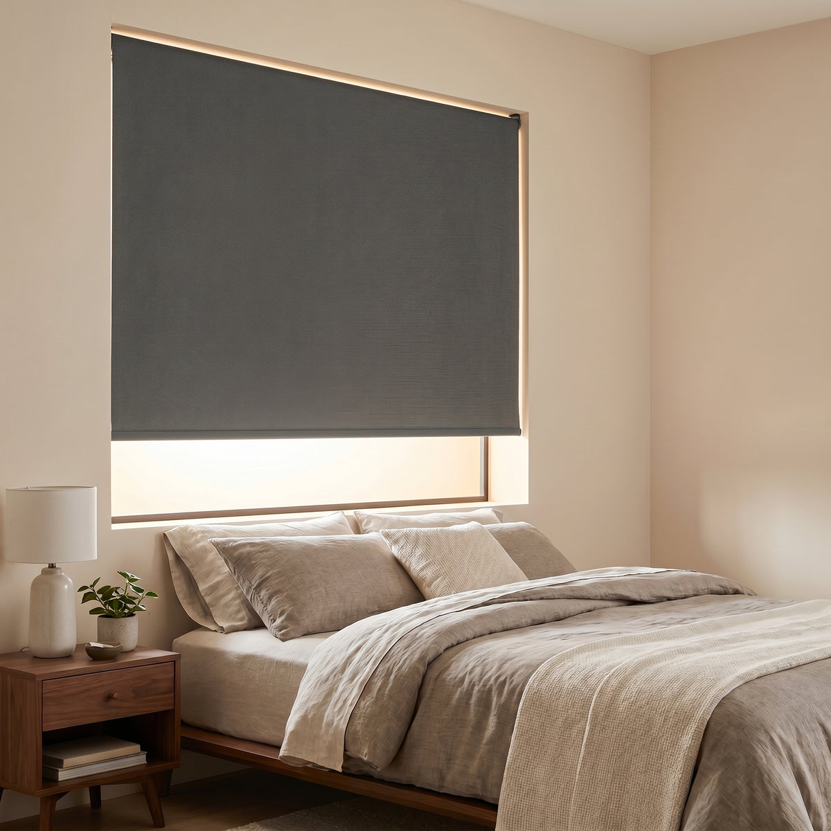 Classic Reverse Roll Fabric Blackout Roller Shades in charcoal add elegance and privacy to this serene bedroom setting.