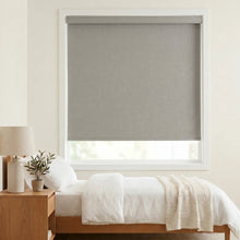 Load image into Gallery viewer, Classic Fabric Blackout Roller Shades in Charcoal Grey add elegance and functionality to this serene bedroom retreat, blocking out light for a peaceful slumber.

