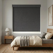 Load image into Gallery viewer, Charcoal dark grey Modern Fabric Blackout Roller Shades add a touch of elegance to this serene modern bedroom, blocking out light and promoting a restful ambiance.

