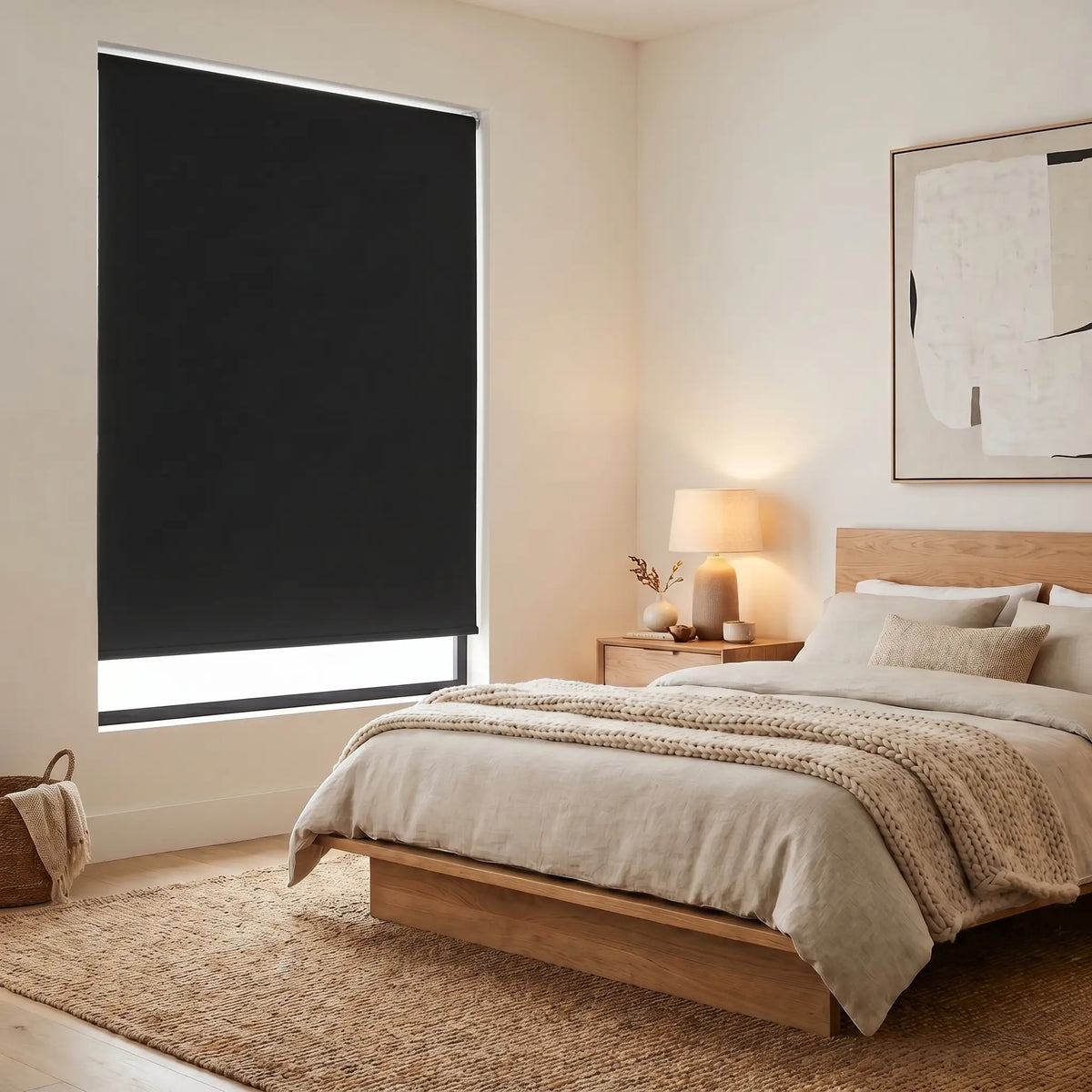 Reverse Roll Modern Fabric Blackout Roller Shades in charcoal add sophistication to this modern bedroom, blocking out light and ensuring a restful sleep.