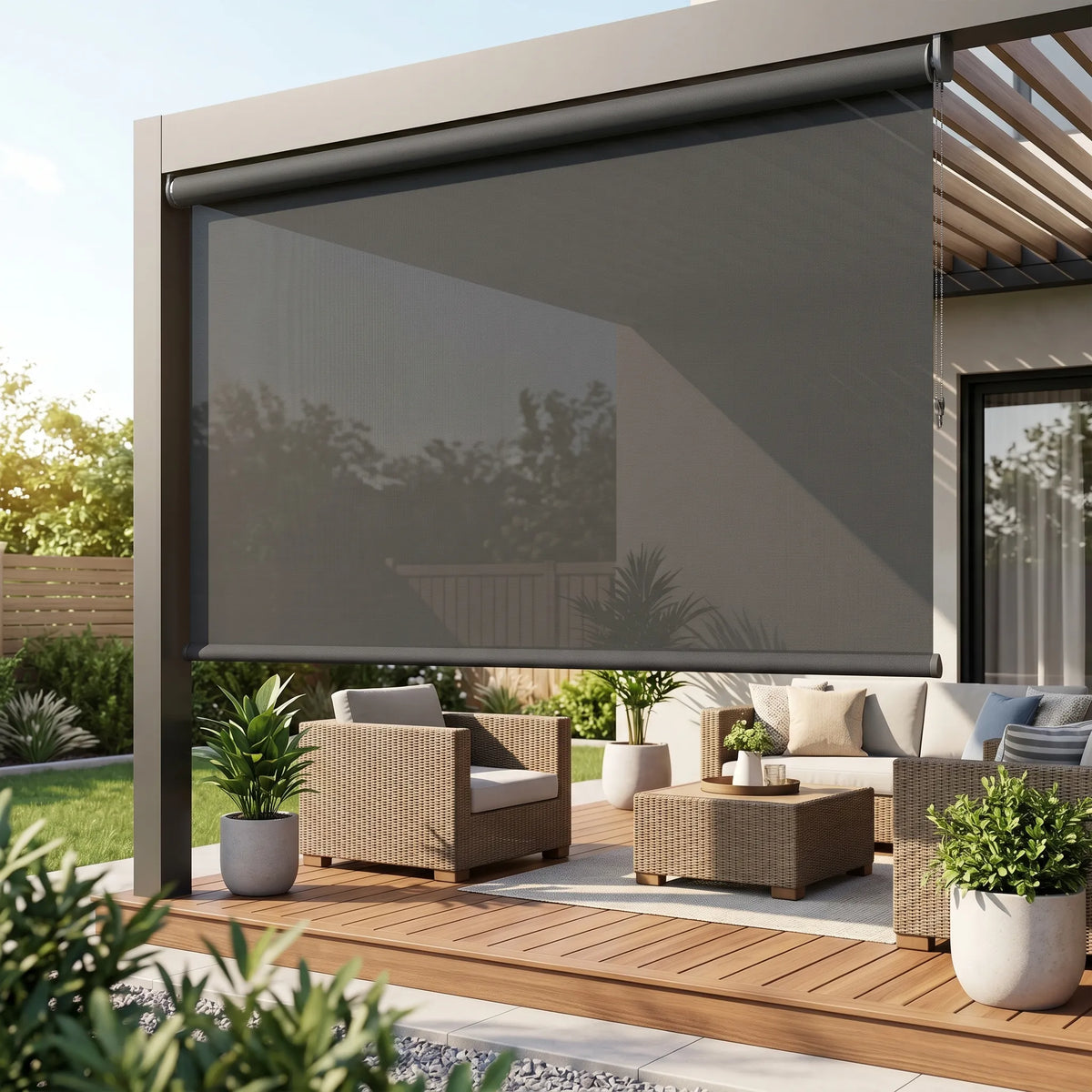 Premier 1% Solar Screen Roller Shade provides sleek charcoal protection and UV filtration for a comfortable outdoor dining space 
