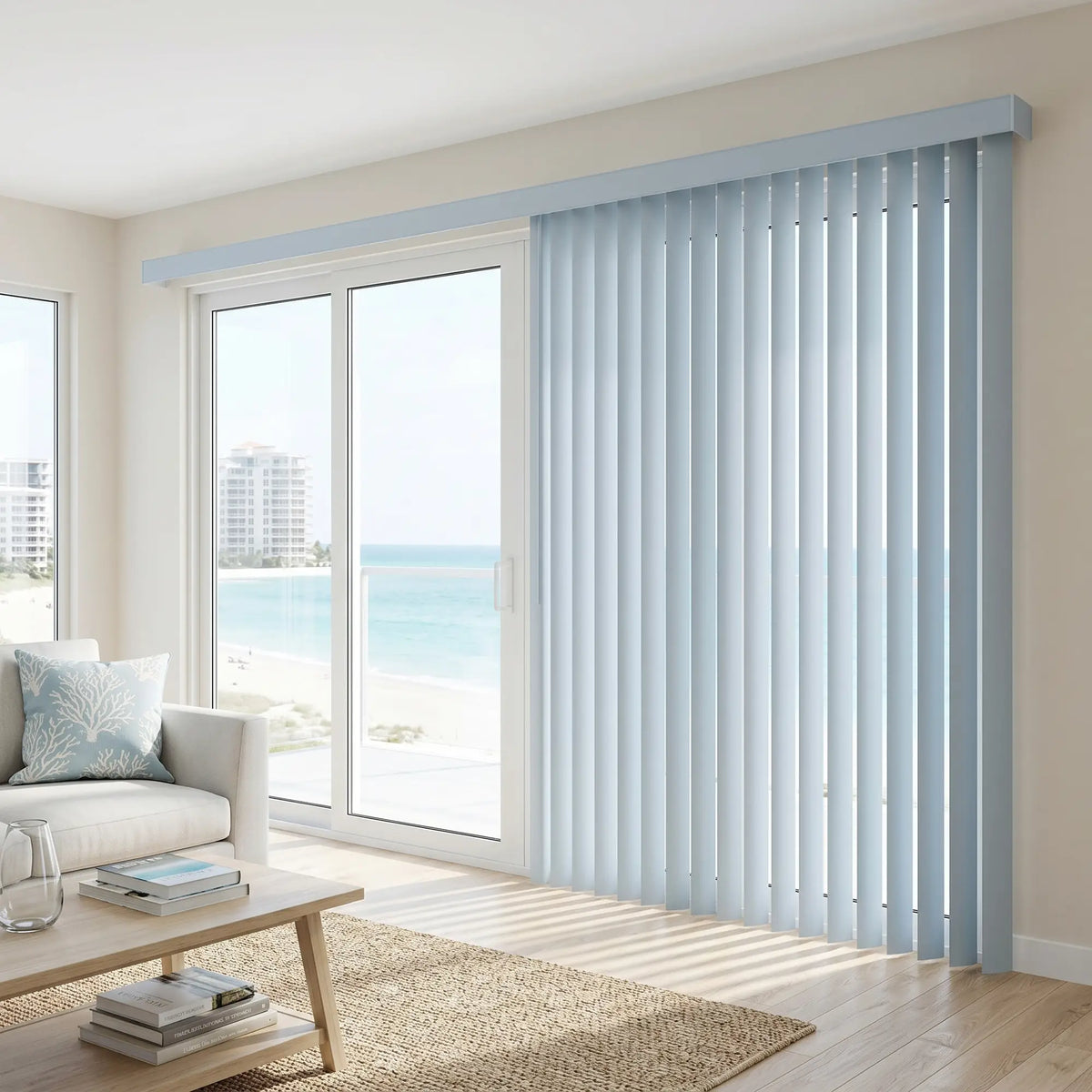 Custom window treatments: Cobalt Classic Curved Pvc Smooth Vertical Blinds shown in a serene living room, perfect for covering sliding glass doors or large windows.
