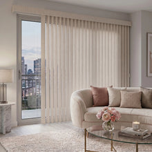 Load image into Gallery viewer, A look at Cream (Alysssa Beige) Premier Pvc Vertical Blinds inside a inviting living space, offering excellent light control and privacy for large spaces.
