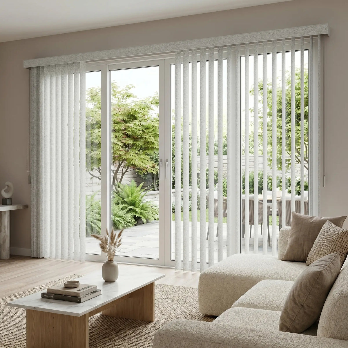Woodtone Faux Wood PVC Vertical Blinds in Cream harmonize with beige furnishings, creating a warm ambiance in this inviting living room sanctuary.