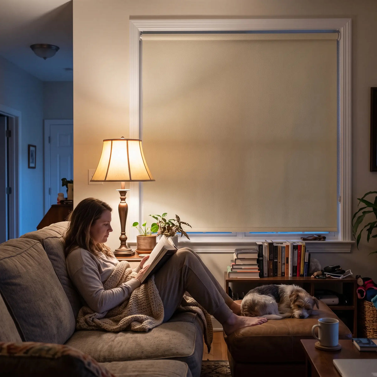 Cream Classic Blackout Vinyl Roller Shade glowing softly behind a woman reading on the sofa at night