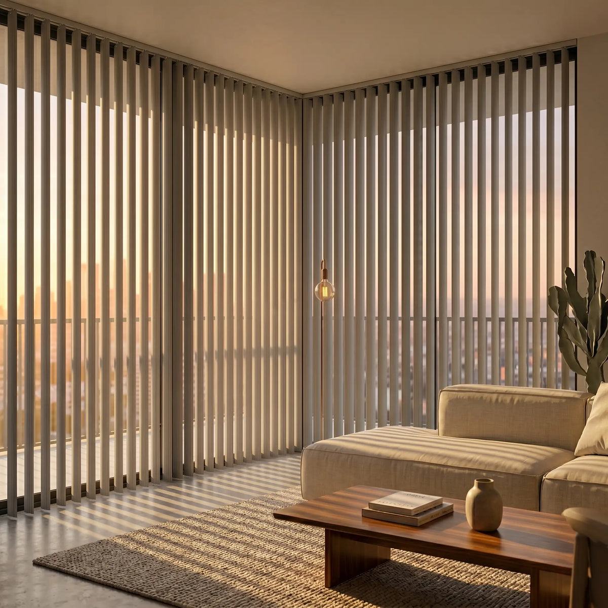 Interior view of a serene living room styled with Cream Classic Curved Pvc Smooth Vertical Blinds, ideal for expansive windows requiring versatile light management.