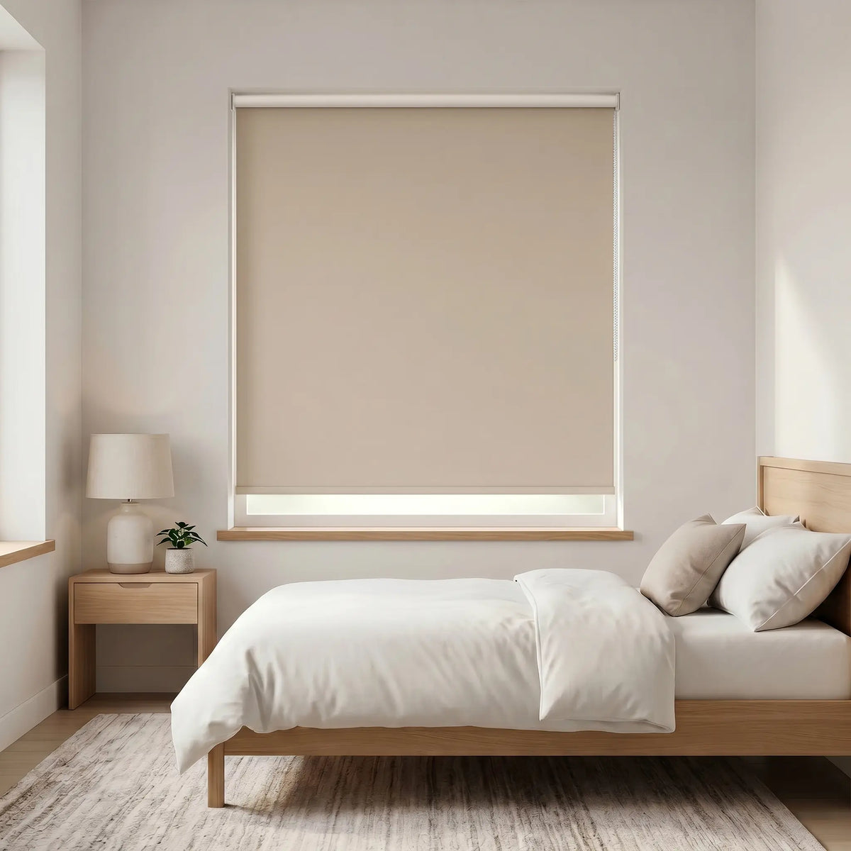 Classic Blackout Vinyl Roller Shades in a cozy bedroom setting, providing a neutral cream beige backdrop and blocking out light for a peaceful atmosphere.