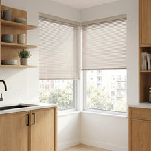 Load image into Gallery viewer, A cozy bathroom featuring Cream (Faded Taupe) Classic Cordless 6g Aluminum Mini Blinds, creating a streamlined look with its cordless lift mechanism.
