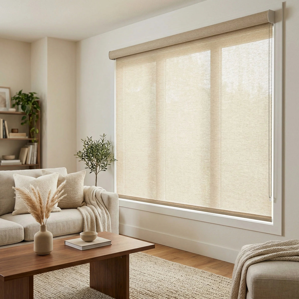 Cream-colored Ivory Luxe natural light filtering shades styled in a modern living room with neutral furnishings.