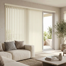 Load image into Gallery viewer, Styling a modern living space with Cream (Offwhite) Classic Curved Pvc Smooth Vertical Blinds, ideal for expansive windows requiring versatile light management.
