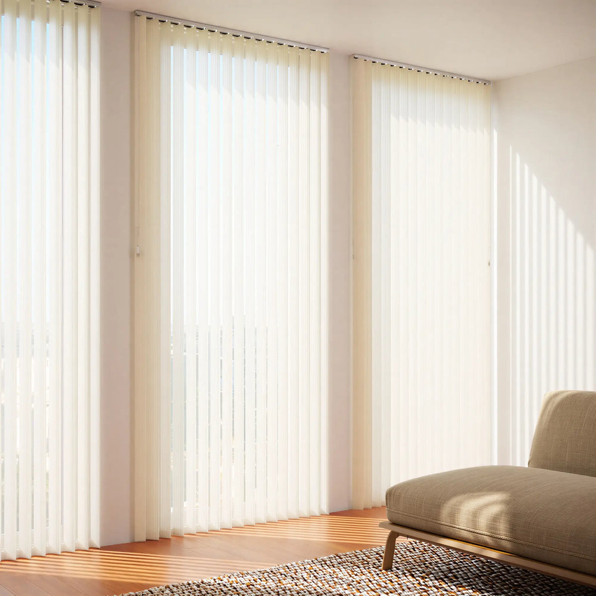 Wide view of Cream S Shape Pvc Vertical Blinds complementing a cozy living room, adding a refined, undulating texture to the window treatment.