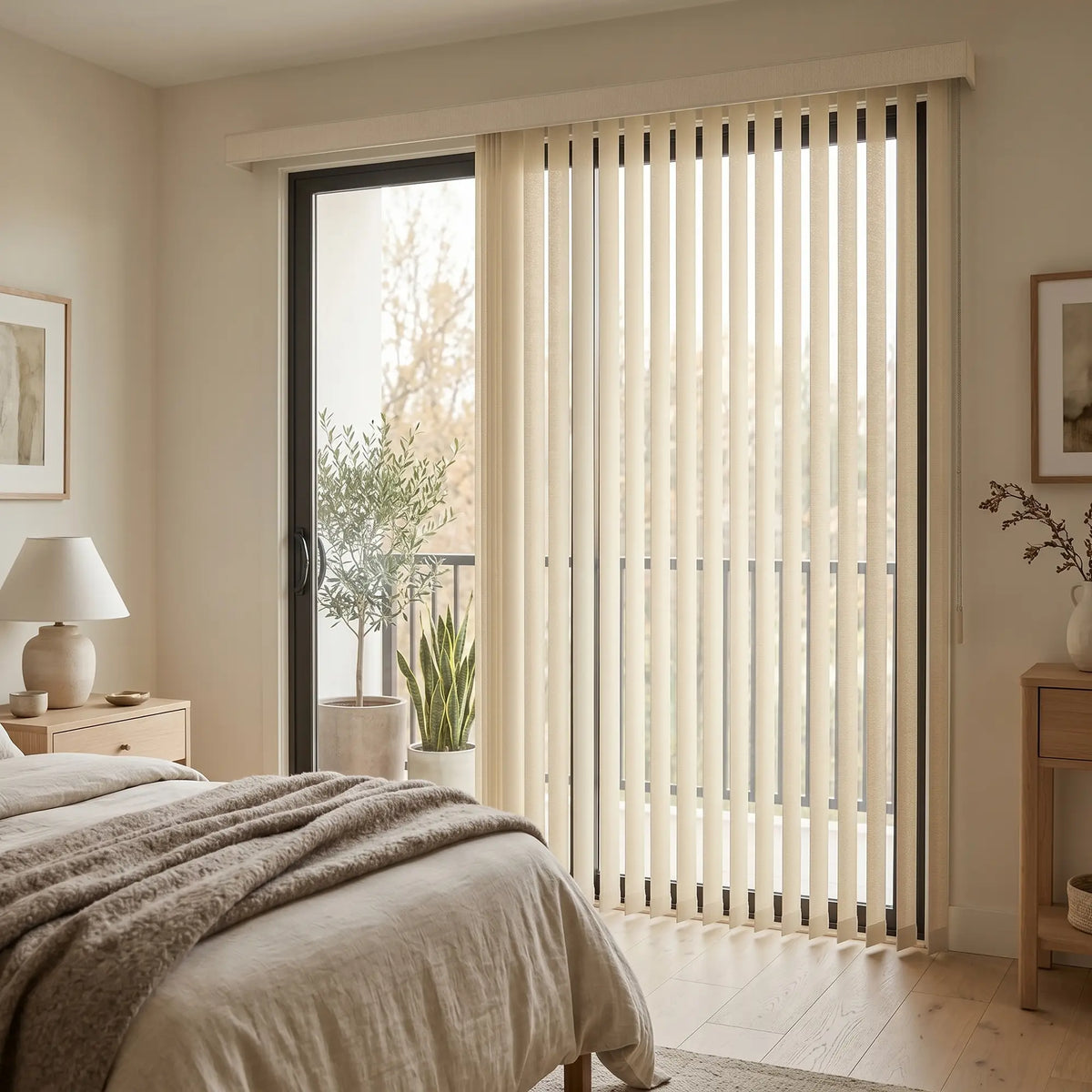 Signature Collection Fabric Vertical Blinds expertly filter natural light in this serene bedroom, where beige tones and cream-colored shades harmonize perfectly.