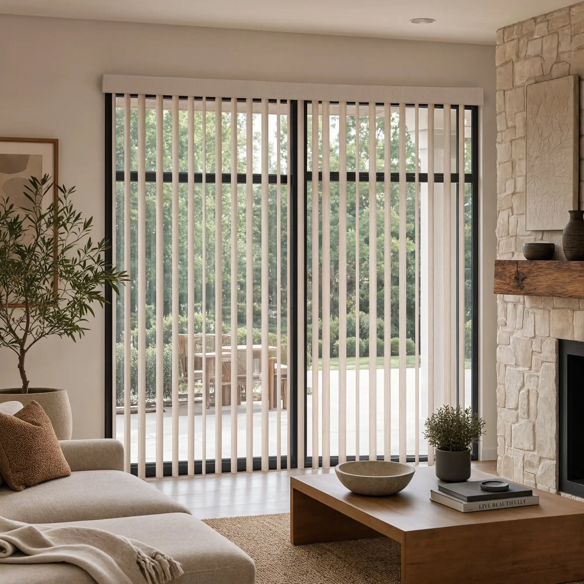 Cream Signature Pvc Vertical Blinds providing a structured touch to this warm living room, combining practical light filtering with a structured modern look.