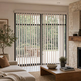 Cream Signature Pvc Vertical Blinds providing a structured touch to this warm living room, combining practical light filtering with a structured modern look.