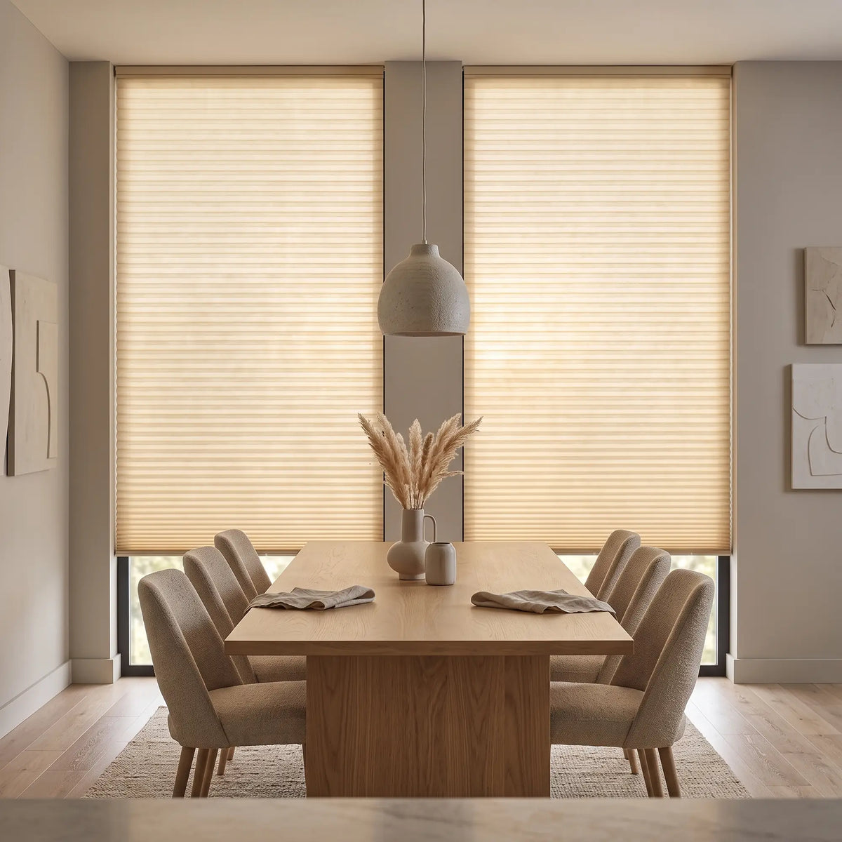Simplistic Cordless Pleated Shades in Cream effortlessly filter natural light, complementing beige curtains and modern minimalism in this serene dining room.