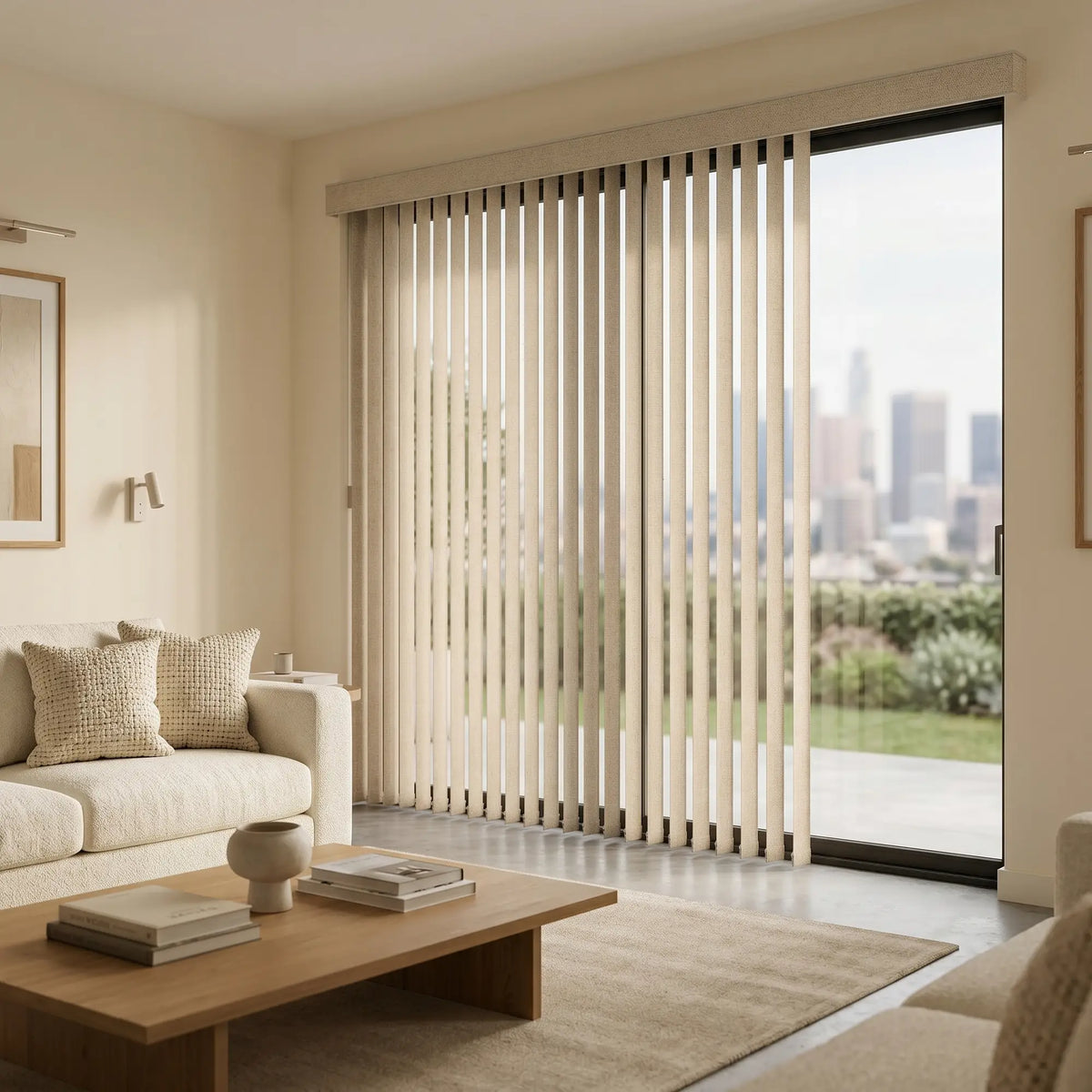 Styling a serene living space with Creamy (Cay Oatmeal) 3 1/2 Inch Signature Pvc Vertical Blinds, filtering incoming daylight effectively across wide glass surfaces.