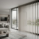 A modern large window featuring Creamy Classic Curved Pvc Smooth Vertical Blinds, managing sunlight and privacy with smooth vertical operation.