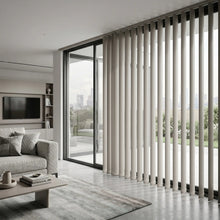 Load image into Gallery viewer, A modern large window featuring Creamy Classic Curved Pvc Smooth Vertical Blinds, managing sunlight and privacy with smooth vertical operation.
