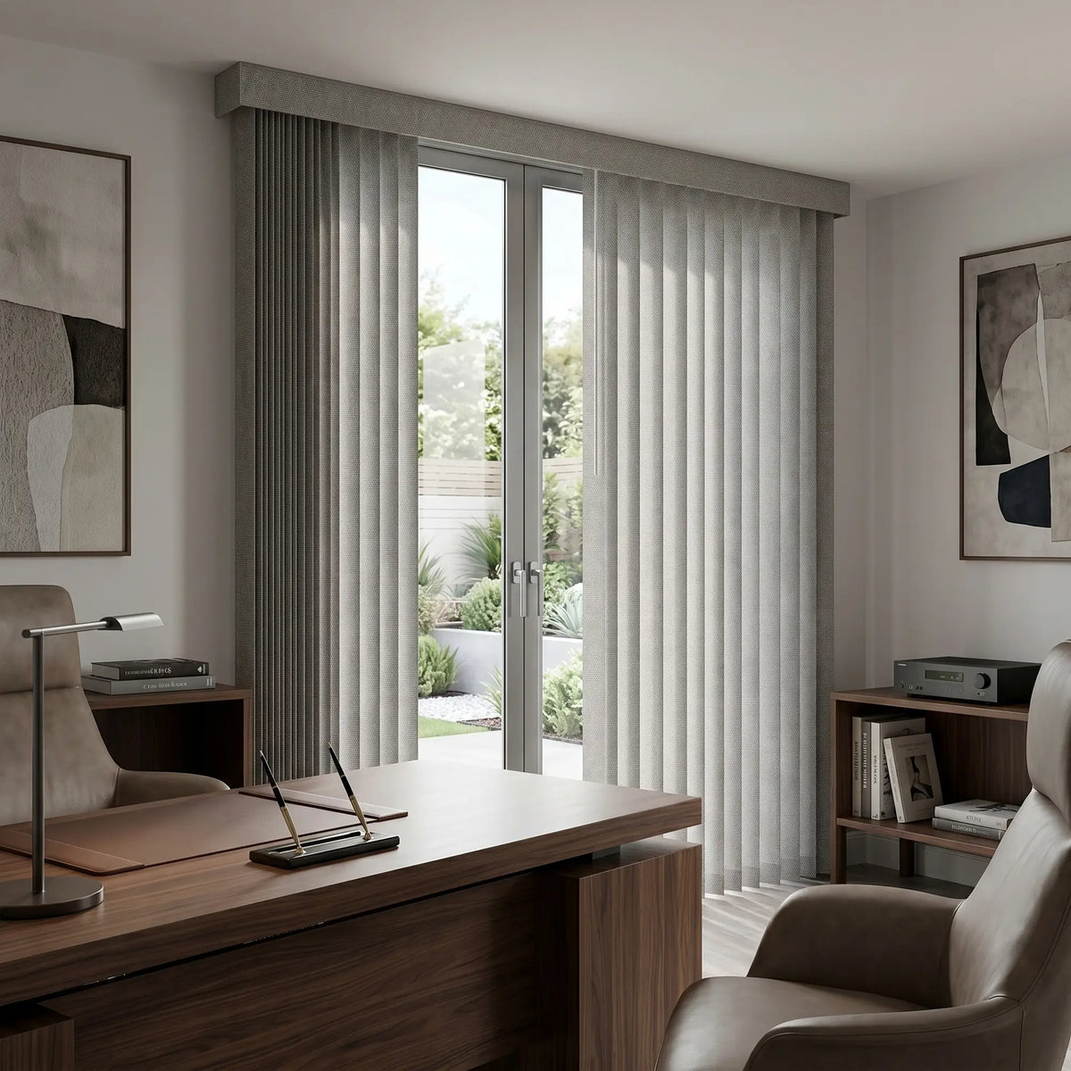 Signature Collection Fabric Vertical Blinds in Creamy Gray enhance this serene study's ambiance with soft, filtered light and a stylish gray pattern.