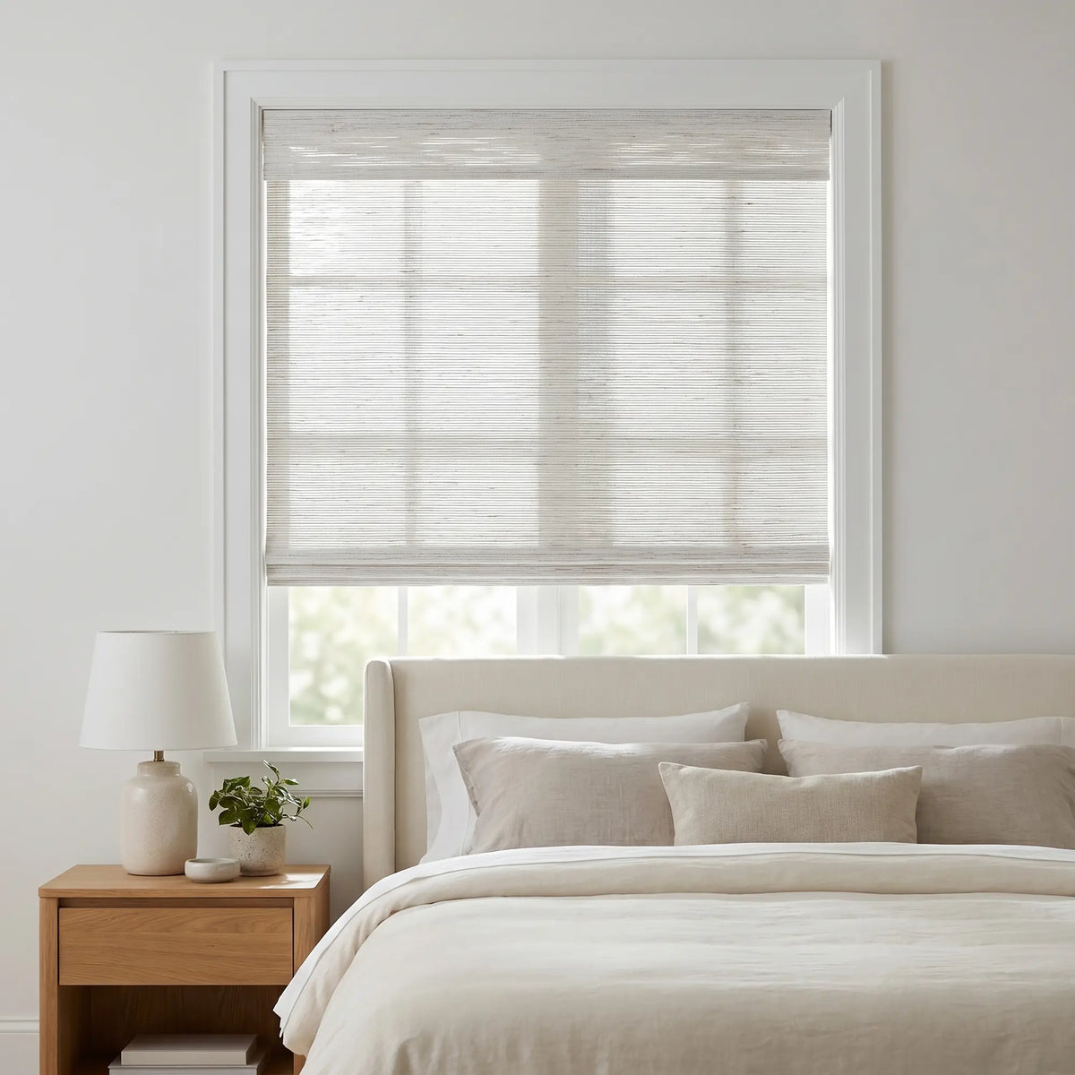 Cordless Woven Wood Shades beautifully filter natural light into this inviting bedroom, where a beige bedframe and creamy pillows create a peaceful retreat