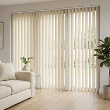 Load image into Gallery viewer, Showcasing Creamy (Marie Ivory) 3 1/2 Inch Classic Curved Pvc Smooth Vertical Blinds in a serene patio, managing sunlight and privacy with smooth vertical operation.
