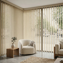 Load image into Gallery viewer, Styling a inviting living space with Creamy (Pagoda White) Signature Pvc Vertical Blinds, ideal for expansive windows requiring versatile light management.
