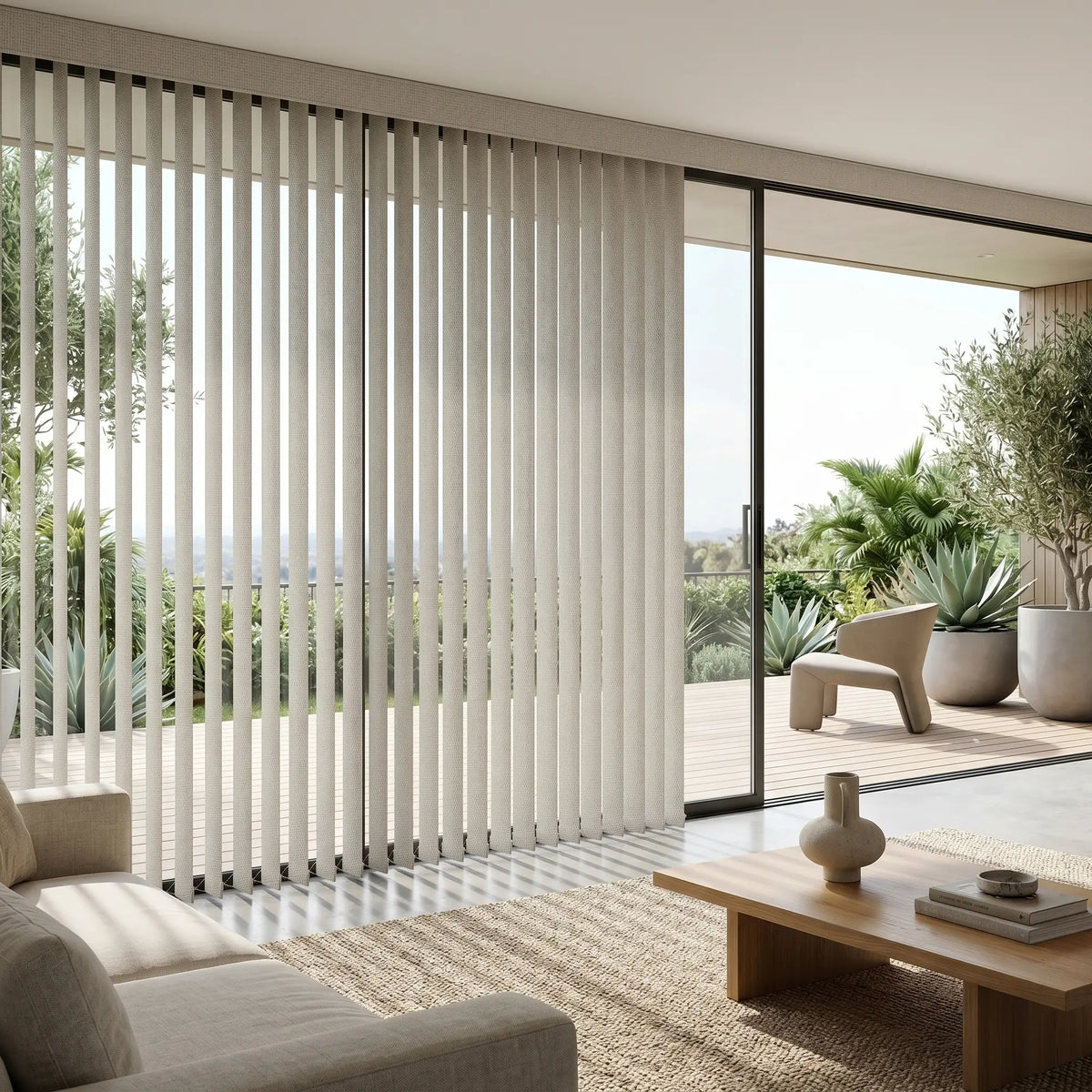 Natural sunlight hits the Creamy 3 1/2 Inch S Shape Pvc Vertical Blinds in a cozy retreat, providing elegant, wave-like window coverage.