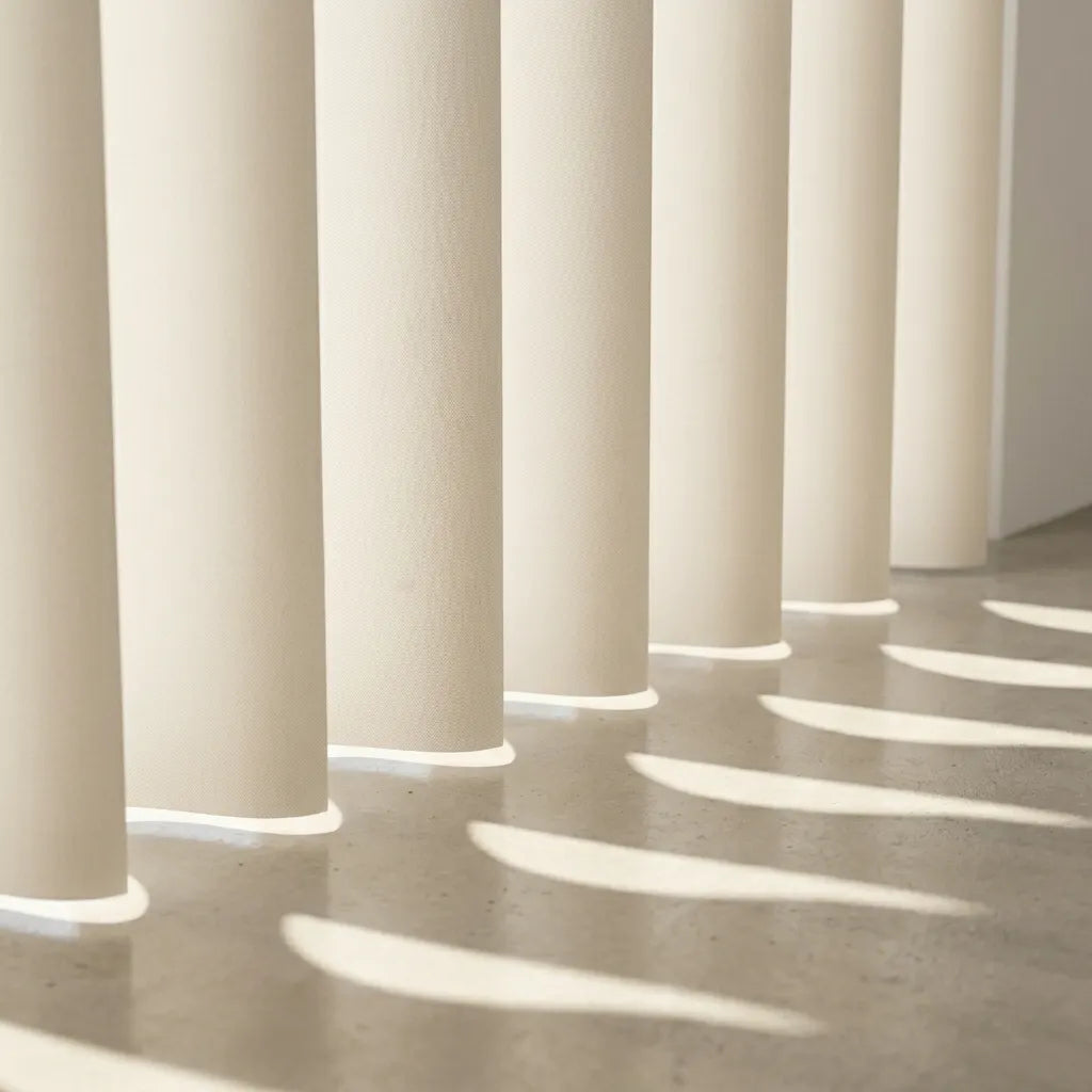Macro shot of S shape pvc vertical shades showing the elegant curve bending light.