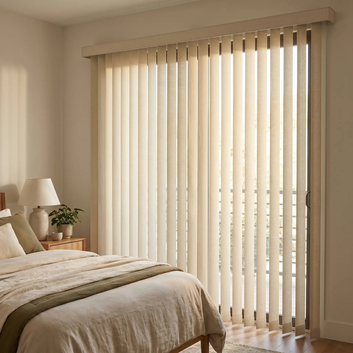 Signature Collection Fabric Vertical Blinds in creamy white provide subtle texture and light filtering for this serene bedroom, featuring a soothing green blanket against a glass door wall.