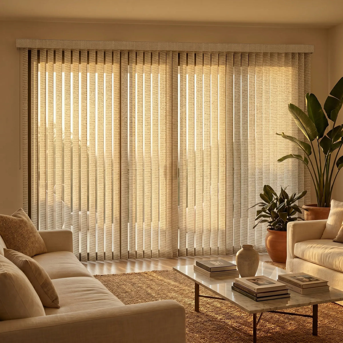 Signature Collection Fabric Vertical Blinds in creamy white perfectly balance natural light and privacy, complementing a beige sofa and lush potted plants in a warm, inviting room.