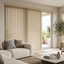 Load image into Gallery viewer, Interior view of a serene living room styled with Creamy (Tan) Classic Curved Pvc Smooth Vertical Blinds, blocking out harsh glare while maintaining a clean aesthetic.
